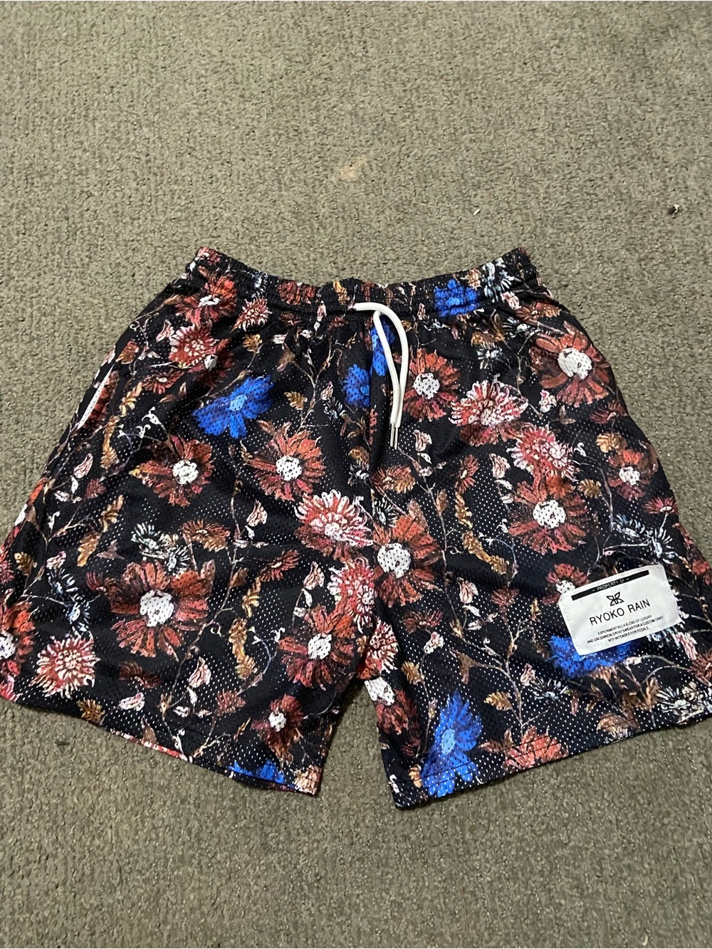 XL Ryoko Rain Floral Mesh Shorts - Black with Brown & Blue Flowers